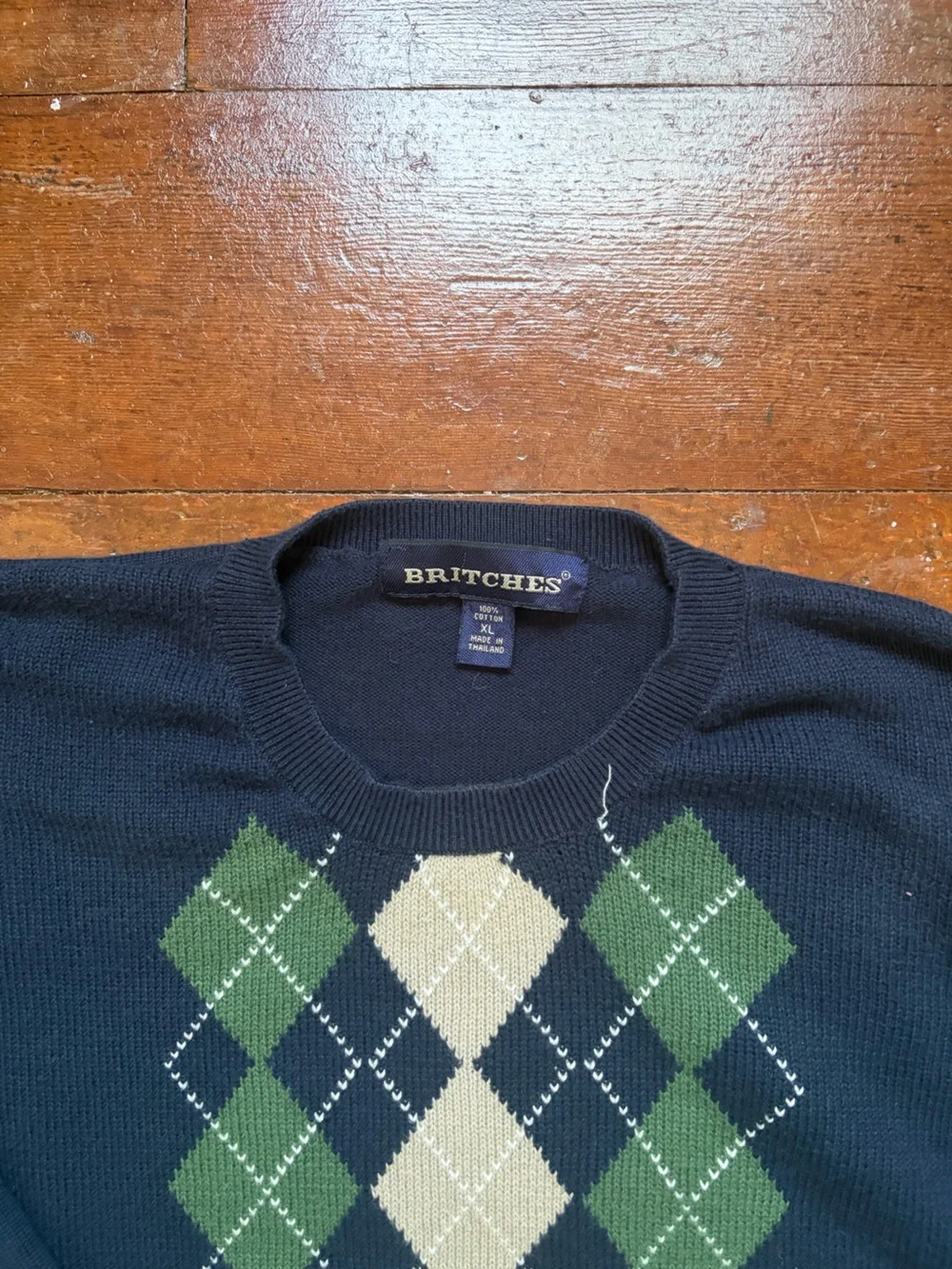Britches Men's Navy Argyle Crewneck Sweater with Green & Cream Pattern